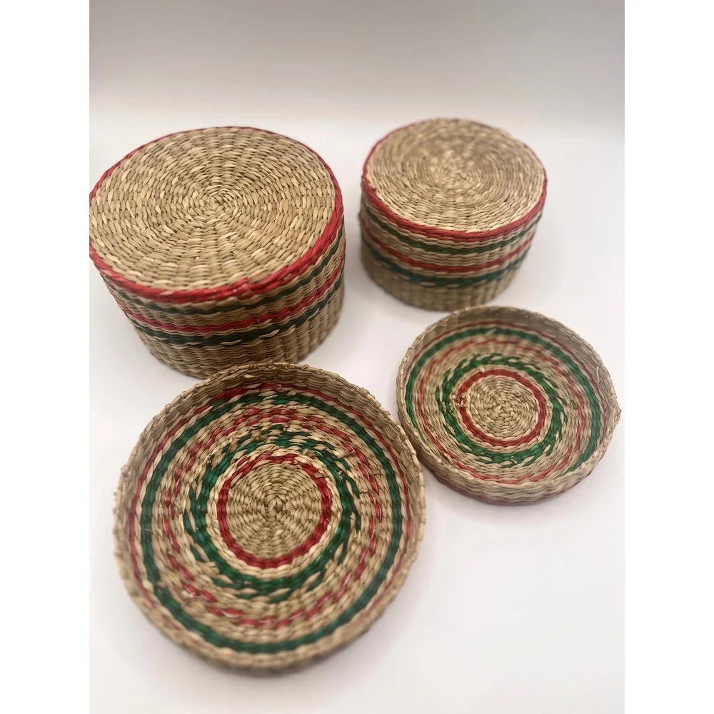 Vintage Woven Nesting Baskets with Lids Red Green Natural Straw Set of 2 Boho